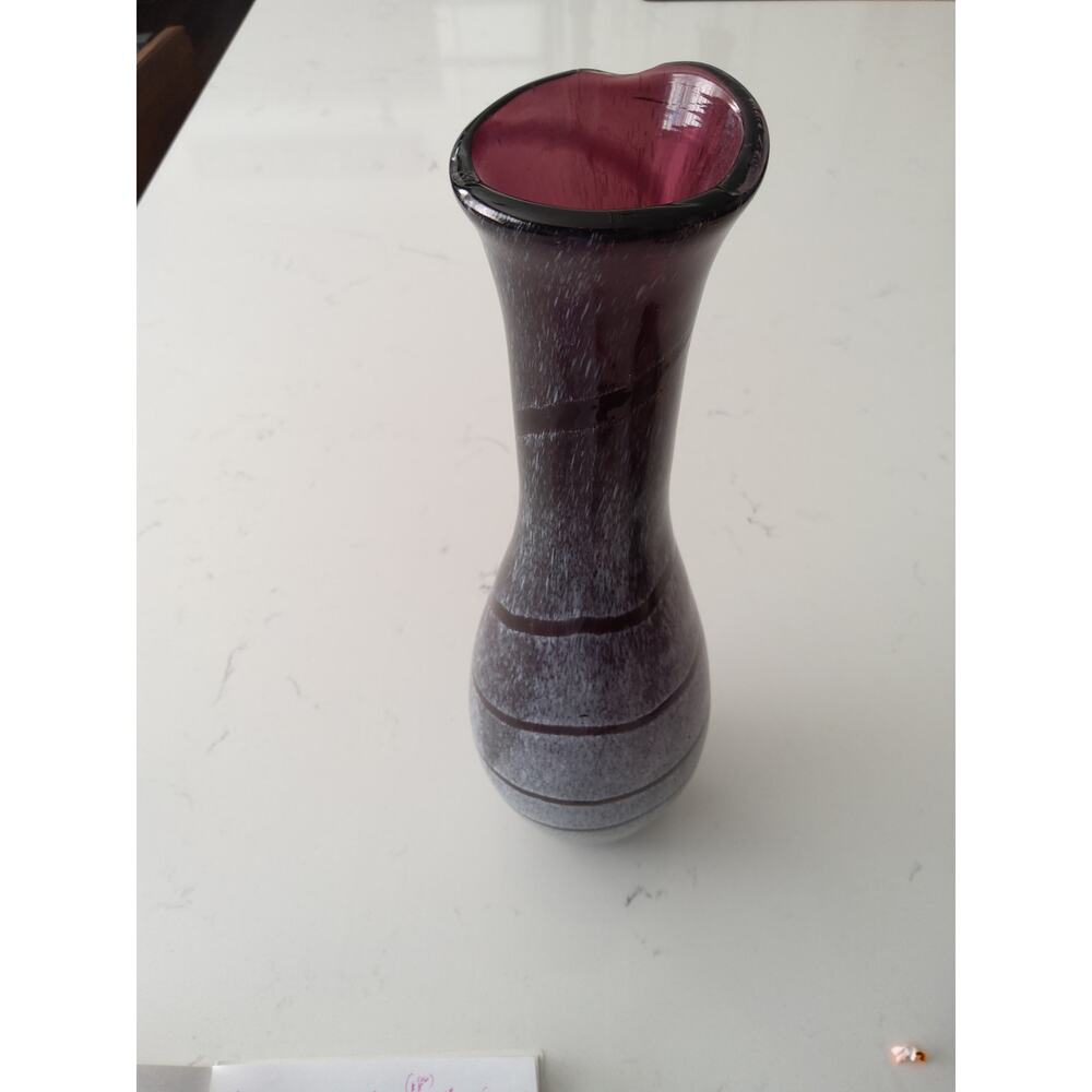 Amethyst purple blown glass vase( Blenko?) WhitevSwirl pattern/brushed